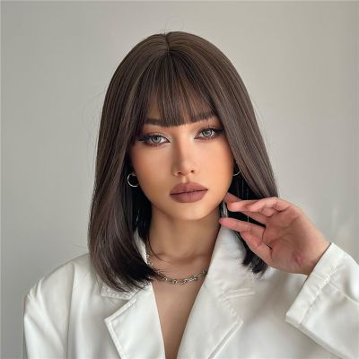 12In Wig Human Hair Straight Bob Wig High Temperature Silk Chemical Iber Short Black Hair for Ladies Daily Wear or Cosplay Party A,12inch