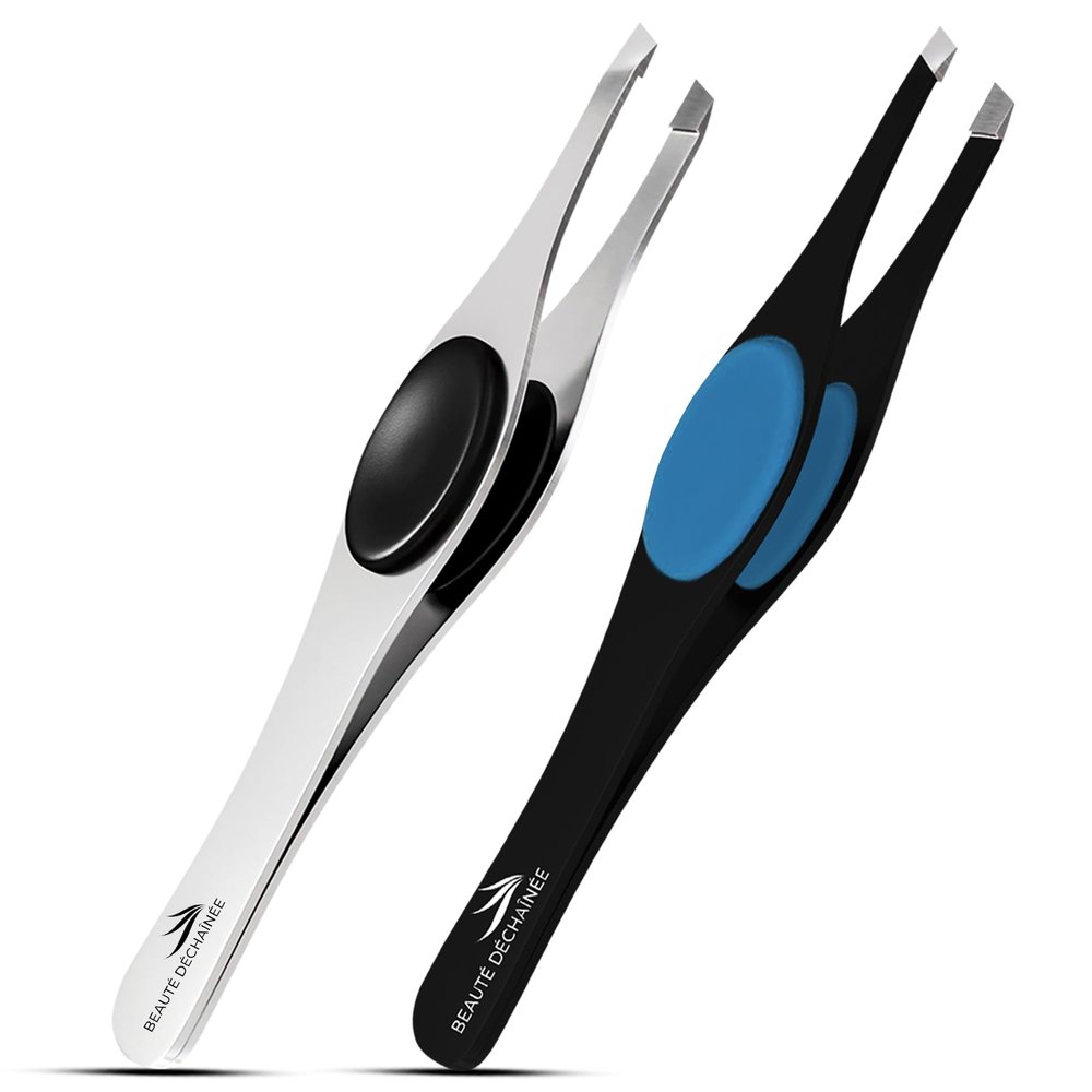 BEAUT DCHANE Professional Tweezers for Women, Men Wide Grip Slant Tip Premium Tweezers Set 2 Pieces Stainless Steel Eyebrow Tweezers for Ingrown Hair Removal & Plucking