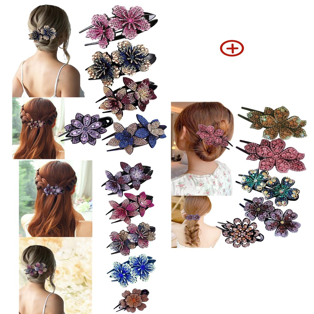 15 PCS Double Flower Rhinestone Hair Clip Elegant hair Accessories Long Hair Adult Hair Jewelry For Women Crystal Thick Hairpin