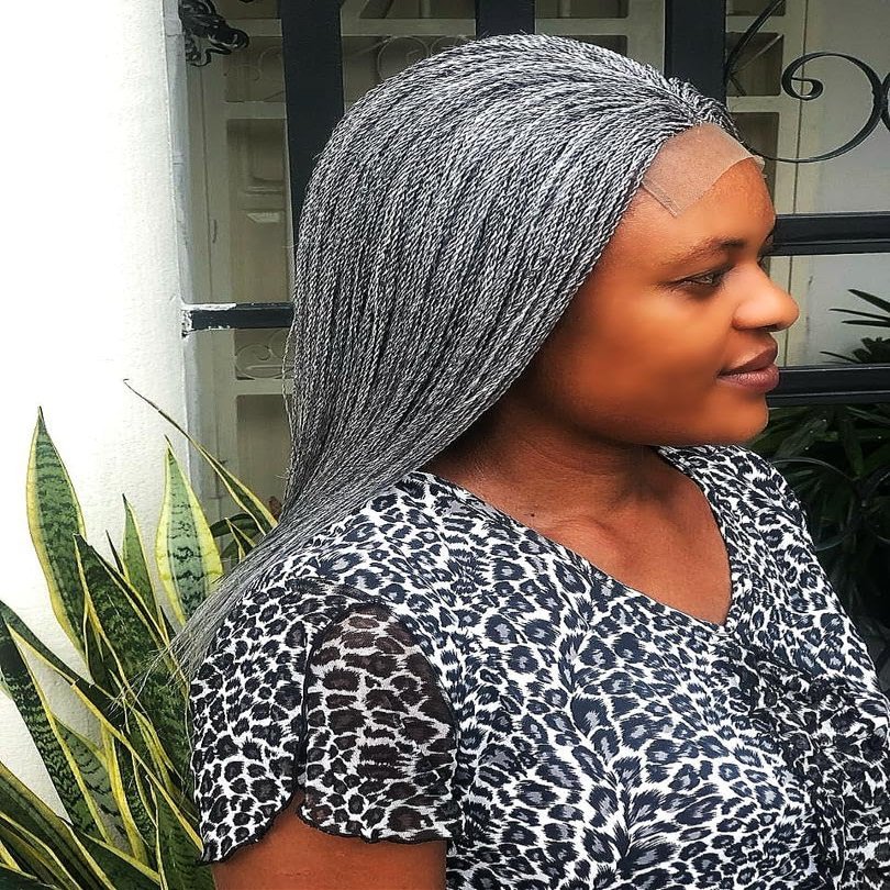Generic Braided micro twist gray wig made on a lace frontal. Wigs for black women. Length is 16inches.
