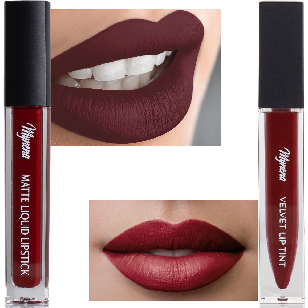 Burgundy Red Matte Liquid Lipstick and Ink Velvet Lip Tint Mousse Texture Bundle