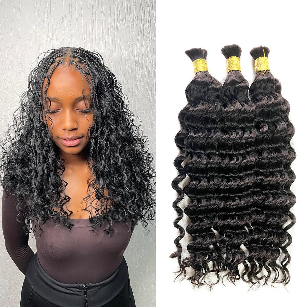 XISHIHONGYAN Bulk Human Hair Deep Curly - 3 Bundles (150g) Weft-Free Seamless for Box & Boho Knotless Braids 18 Inch Natural Black