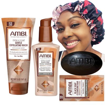 Zomac Facial Care Gift Set, Includes Ambi Black Soap Cleansing Bar, Ambi Gentle Exfoliating Wash, Ambi Black Soap Facial Cleanser and Satin Bonnet. Gift Bag included