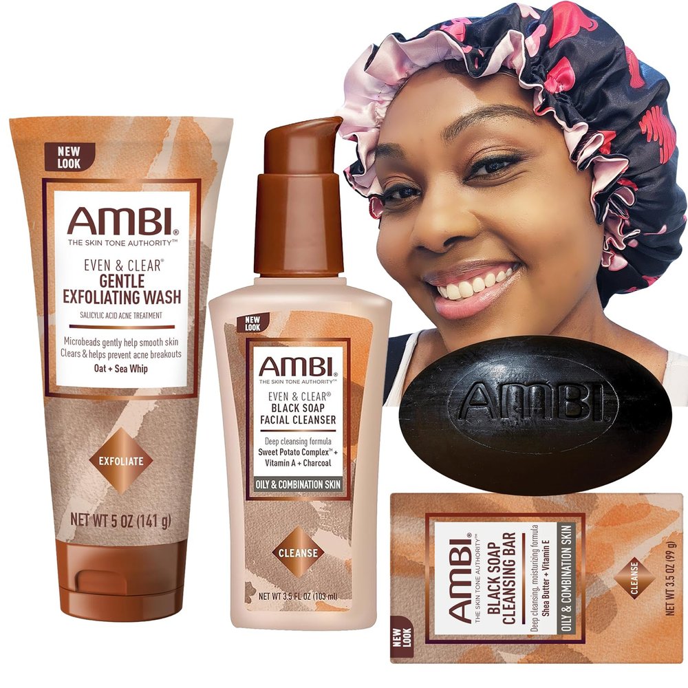 Zomac Facial Care Gift Set, Includes Ambi Black Soap Cleansing Bar, Ambi Gentle Exfoliating Wash, Ambi Black Soap Facial Cleanser and Satin Bonnet. Gift Bag included