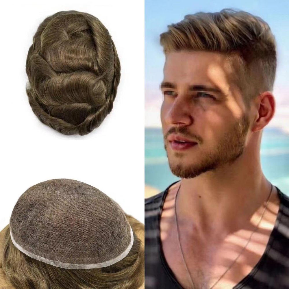 Toupee for Men Full French Lace Human Hair System For Men Bleached Knots Mens Hair Replacement System Breathable Full Lace Hairpiece8"X10"#5 Mid-light Brown-80% density