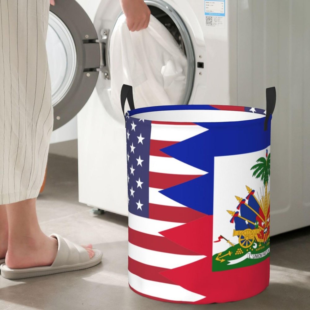 America Haiti Friendship Flag Circular Hamper Lasting Organization Bedroom Bathroom Dcor