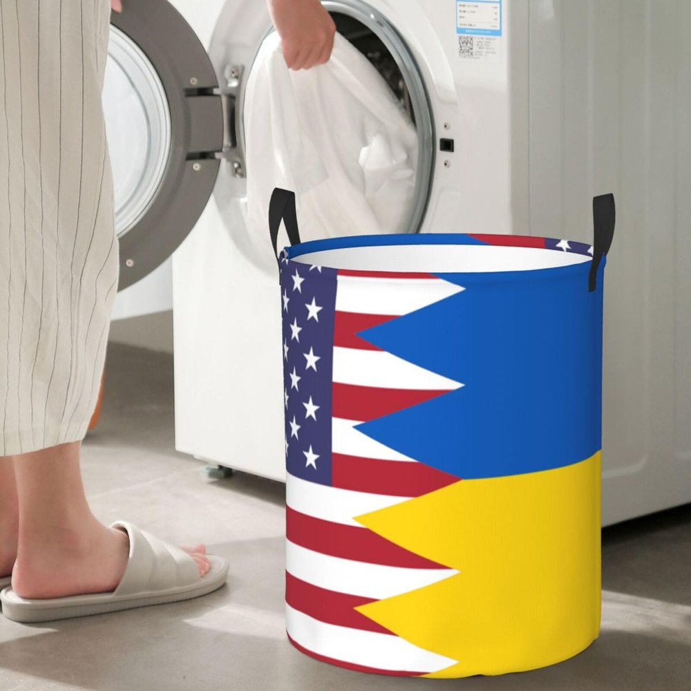 America Ukraine Friendship Flag Circular Hamper Lasting Organization Bedroom Bathroom Dcor