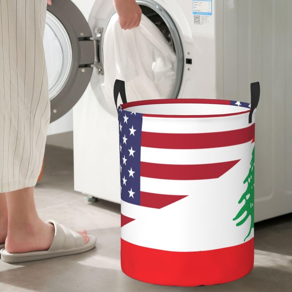 America Lebanon Friendship Flag Circular Hamper Lasting Organization Bedroom Bathroom Dcor
