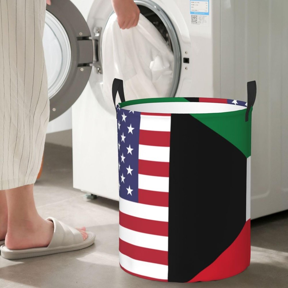 America Kuwait Friendship Flag Circular Hamper Lasting Organization Bedroom Bathroom Dcor