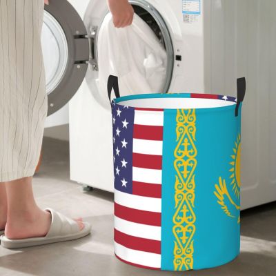 America Kazakhstan Friendship Flag Circular Hamper Lasting Organization Bedroom Bathroom Dcor