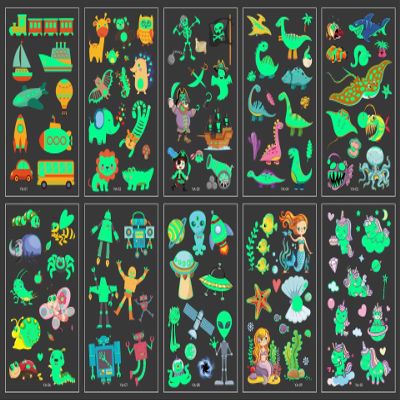 10 Mixed kids Temporary Tattoos, Glow mixed style cartoon Glow in the dark Tattoo, fake tattoo body face sticker design decoration, unicorn mermaid shark animal dinosaur favorite supplies gift