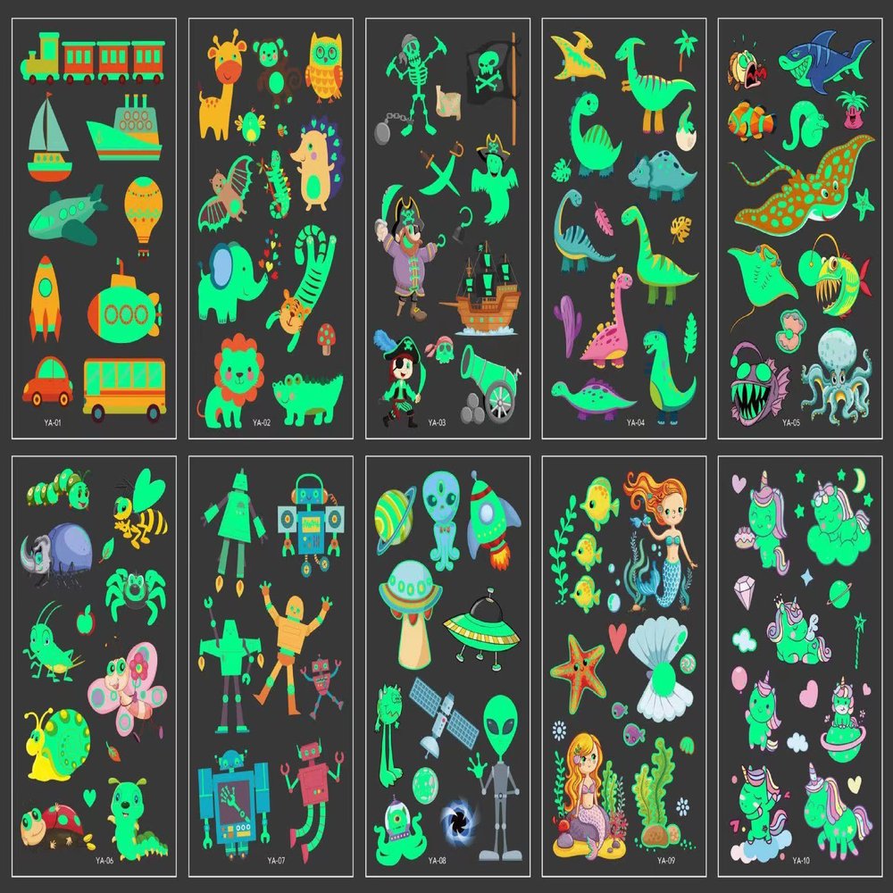 10 Mixed kids Temporary Tattoos, Glow mixed style cartoon Glow in the dark Tattoo, fake tattoo body face sticker design decoration, unicorn mermaid shark animal dinosaur favorite supplies gift