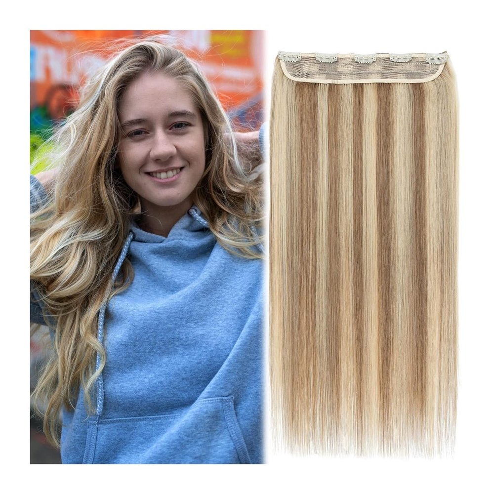 Hair Extensions Hair Clip In Hair Extensions Real Human Hair One Piece Hair Extensions One Piece Clip in Hair Extensions for women Straight Hair with 5 Clips (Highlight Color #8/613) Hair Extensions C