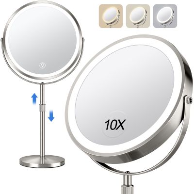 10x Large Lighted Makeup Mirror, Rechargeable 8" Height Adjustable Vanity Mirror, 1x/10x Magnifying Mirror with 3 Color, Brightness Adjustable, 360 Rotation Double Sided Mirror, Gift for Her(Nickel)