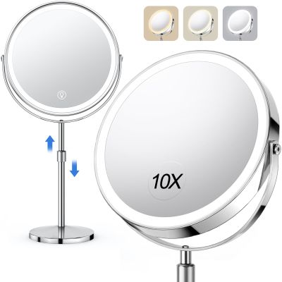 UBYMET Lighted Makeup Mirror, Rechargeable Height Adjustable Double Sided, 1x/10x Magnifying with 3 Color, Brightness Adjustable, 360 Rotation Vanity, Gift for Women