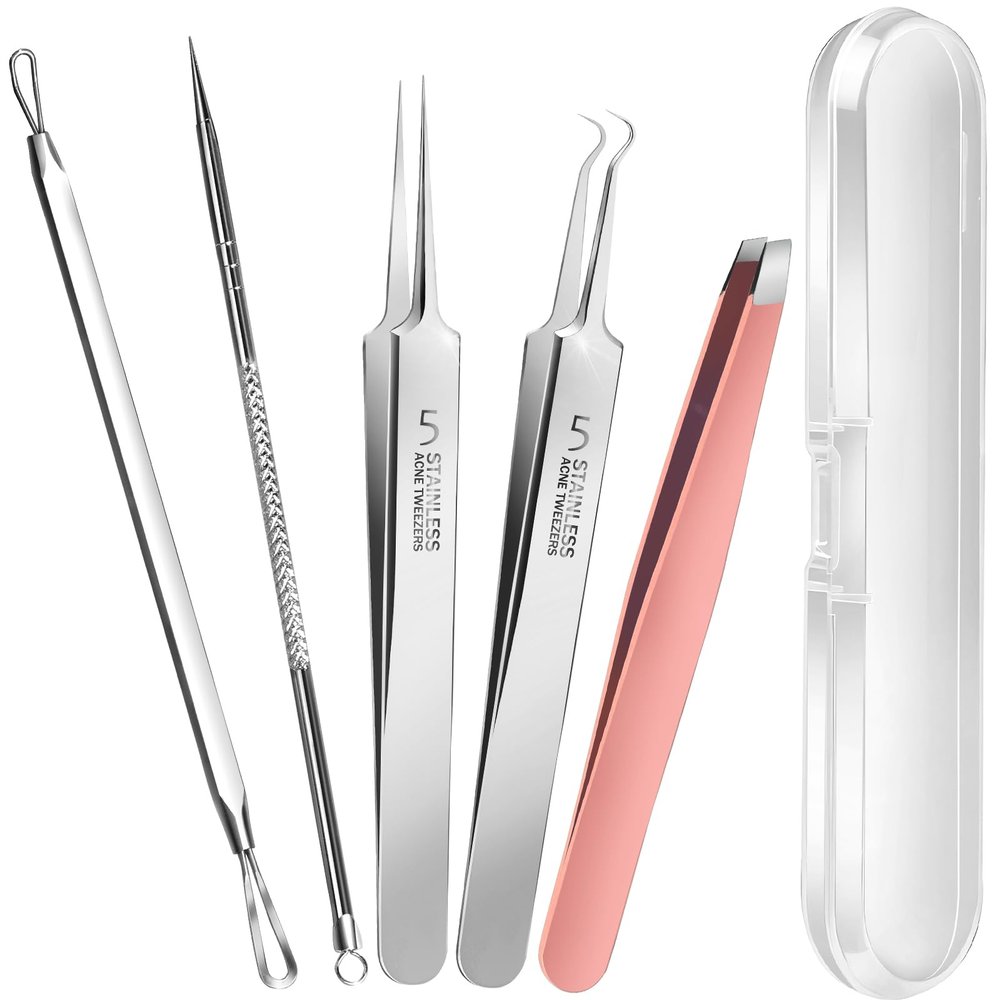 Teenitor Blackhead Remover and Pimple Popper Tool Kit, 2 Blackhead Extractor, 1 Ingrown Hair Tweezers, 2 Pimple Extractor Pore Extractor Blackhead Remover Tool Acne Tools for Face