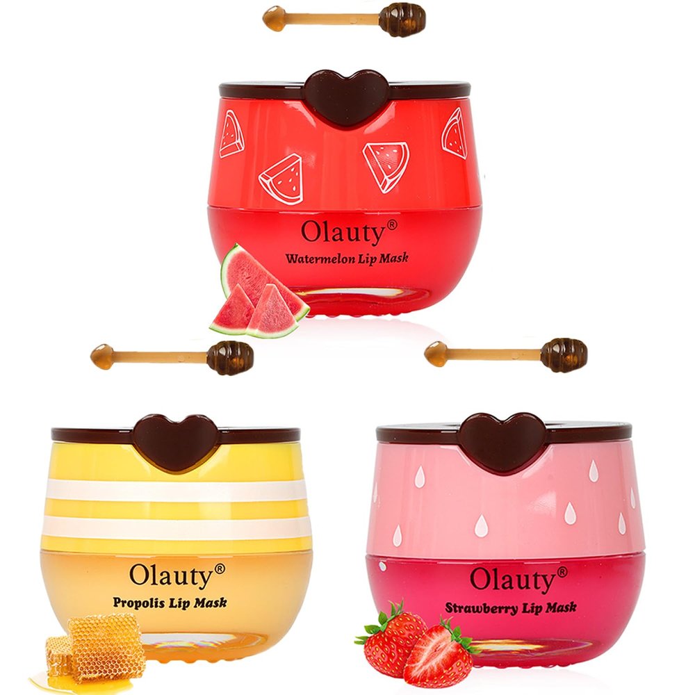 3 PCS Bee Lip Balm Honey Pot, Exfoliating Honey Strawberry Watermelon Lip Mask Overnight with Built-In Brush, Hydrating Prevention Dry and Crack Lip Scrubs Exfoliator Lip Wrinkle Care