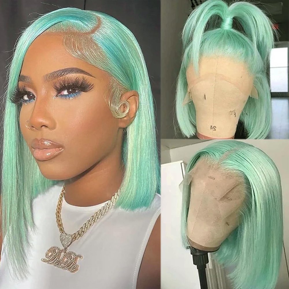 13x4 Bob Lace Front Wigs Human Hair 10 Inch Transparent HD Lace Front Bob Wig Real Human Hair Mint Green Deep Parting Lace Frontal Bob Wigs Pre Plucked with Baby Hair 180% Density Colored Short Bob