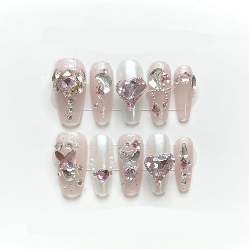 ZIIVIEVS Handmade wearing nail polish, pink cute full diamond long duckbill shaped nail art, reusable, detachable fake nails, 10PCS (Color : Long, Size : M)