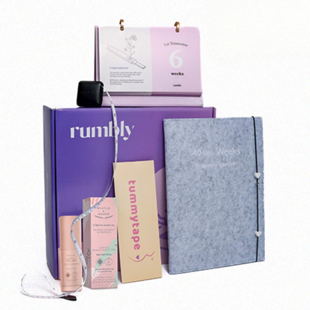 Rumbly Pregnancy Essentials Box - 5-Piece Pregnancy Care Package for Expecting Mom - Belly Growth Tape, Countdown Calendar, Belly Oil, Kinesiology Tape, Organizer - Any Trimester Gift Basket