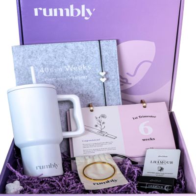 Rumbly 1st Trimester Mom-to-Be Essentials Box - Pregnancy Gifts for Expecting Mom - Care Package with Essential New Mommy Items & Pregnancy Must-Haves - First Trimester
