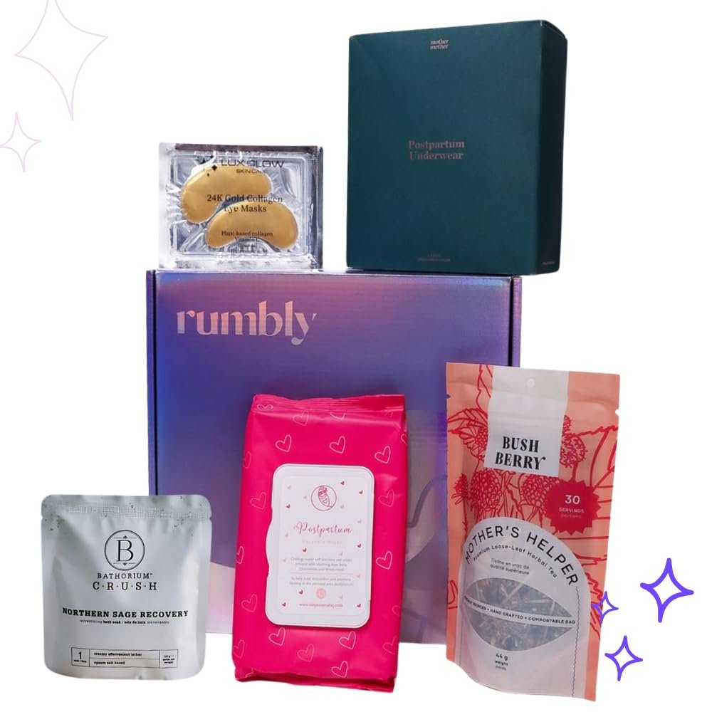 Rumbly Postpartum Essentials Box - Gift for Expecting Moms - Care Package with Essential New Mommy Items & Pregnancy Must-Haves - Perfect for Celebrating Motherhood & Welcoming New Life