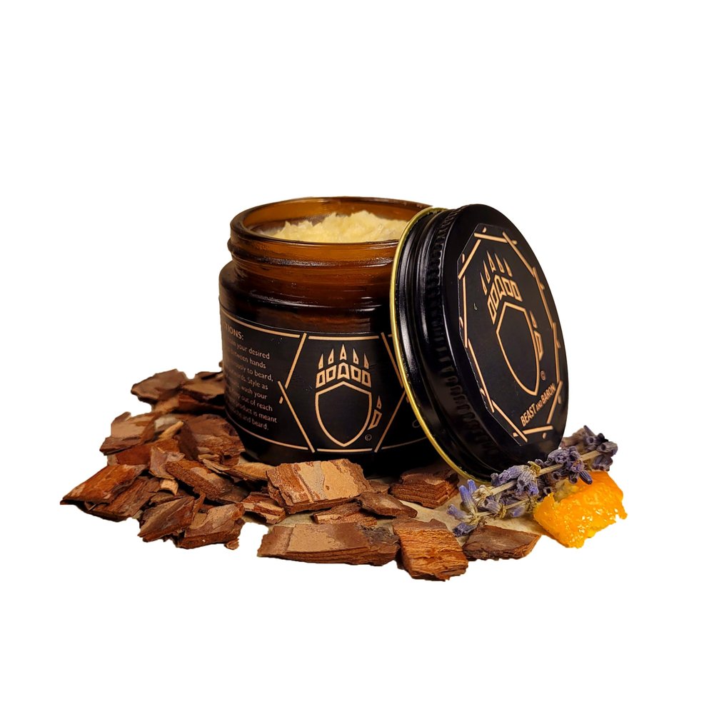 Beast and Baron Baron's Premium Beard Balm - All Natural Beard Balm - Made in the USA 10 Natural Scents Avaliable - Beard Balm Sample Pack - 2 Fl Oz (Monk's Sandalwood), Gold