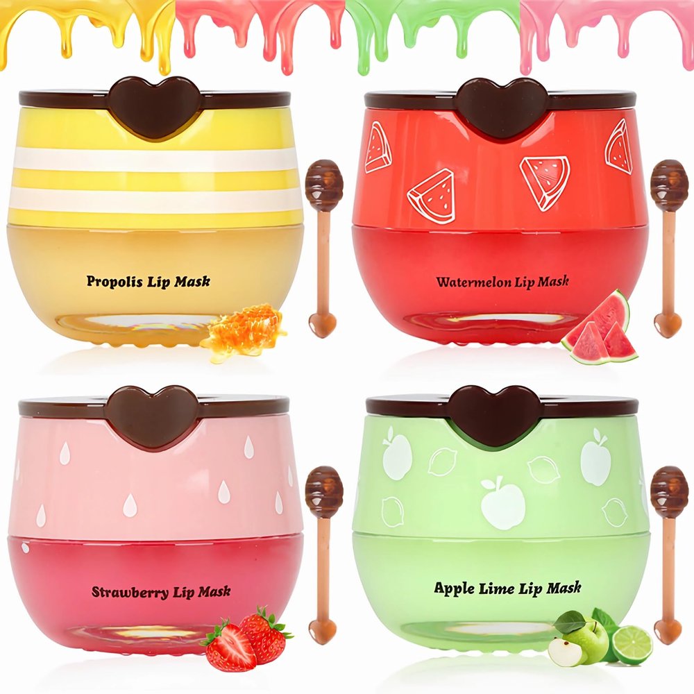 4 PCS Bee Lip Balm Lip Mask Honey Pot, Valentines Day Gifts, Honey & Strawberry & Watermelon & Apple Lime Lip Sleeping Mask Propolis Moisturizing Lip Balm with Stick,Hydrating Prevention Dry & Cracked