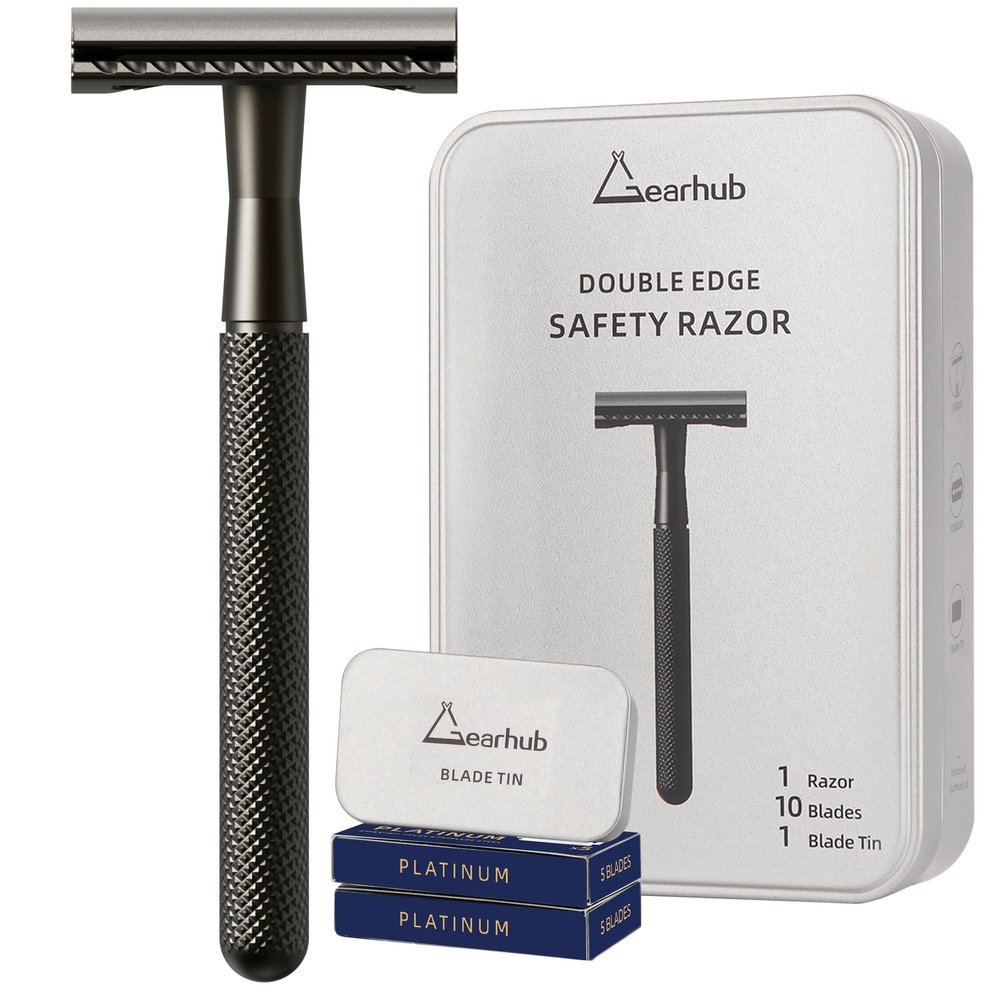 Gearhub Double Edge Safety Razor Stainless Steel Metal Reusable Wet Shaving Razor with 10 Swedish Platinum Blades for Men Women Barber Bikini Armpit Hair, Matte Black GRB3G