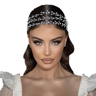 Crystal Wedding Hairpieces with organza Ribbon,Rhinestone Bride Forehead Tiara headbands for Women and Girls (silver)