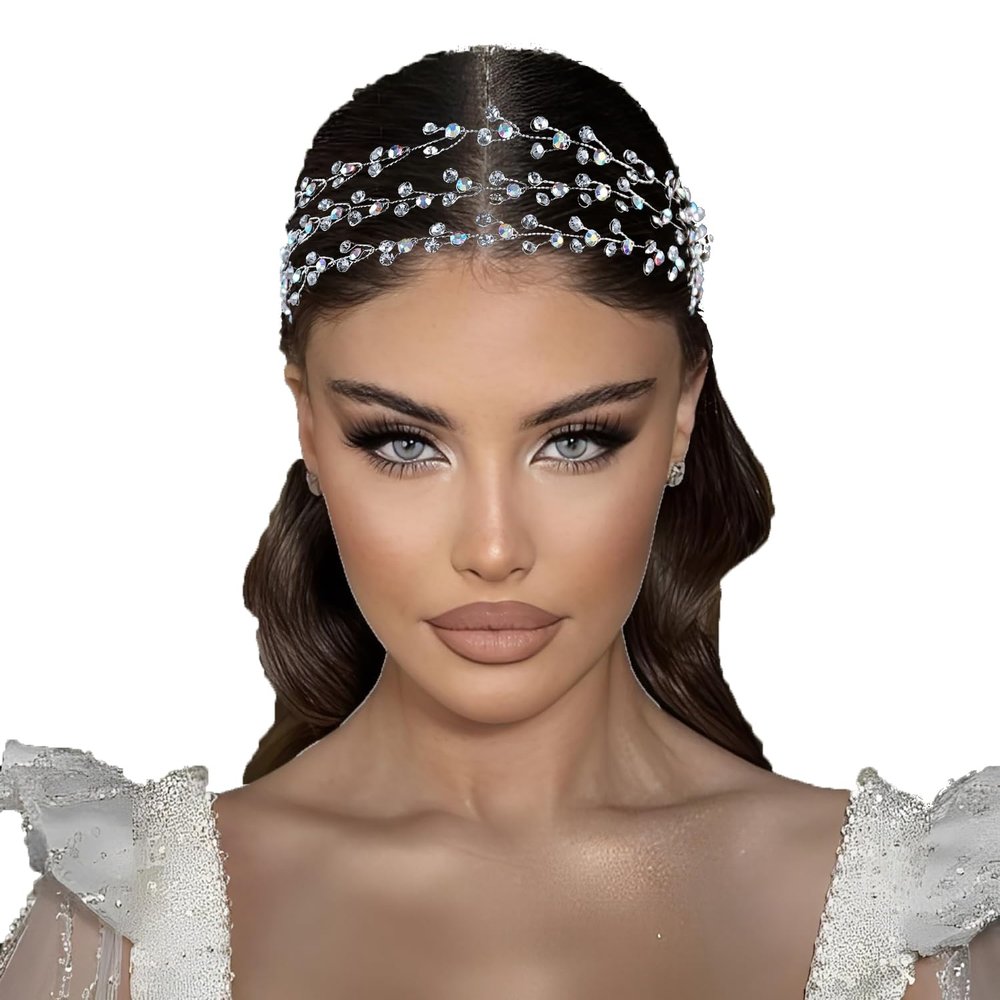 Crystal Wedding Hairpieces with organza Ribbon,Rhinestone Bride Forehead Tiara headbands for Women and Girls (silver)