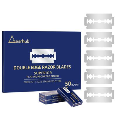 Gearhub Premium 50 Count Double Edge Safety Razor Blades Refills Swedish 13C26 Stainless Steel Platinum Coated, Mild to Medium Sharpness for Smooth Shaves