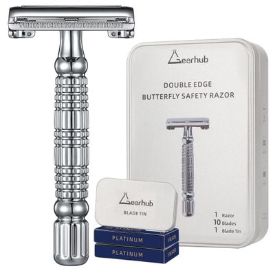 Gearhub Butterfly Double Edge Safety Razor Reusable Stainless Metal Wet Shaving Razor with 10 Swedish Platinum Blades for Men Women Barber Bikini Armpit Hair GR179