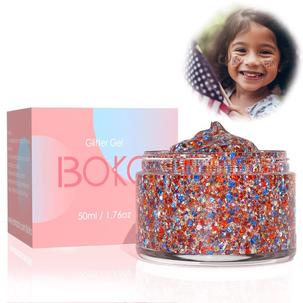 Boko 50ML 4th of July Body Glitter Gel, Red White Blue Chunky Glitter for Face Hair Body Makeup, Patriotic Glitter for USA Independence Day Memorial Day Veterans Day Flag Party Rave Accessories