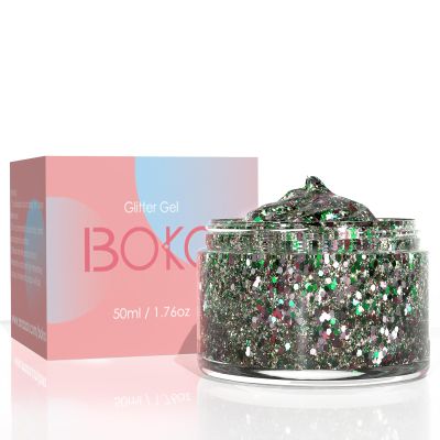 Boko 50ML Body Glitter Gel, Green St. Patrick's Day Mermaid Chunky Glitter Gel for Face Hair Body Makeup, Cosmetic Face Glitter Sequins for St. Patrick's Day Coachella Concert Party Rave Accessories