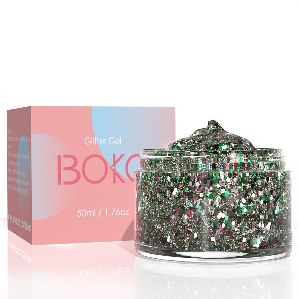 Boko 50ML Body Glitter Gel, Green St. Patrick's Day Mermaid Chunky Glitter Gel for Face Hair Body Makeup, Cosmetic Face Glitter Sequins for St. Patrick's Day Coachella Concert Party Rave Accessories