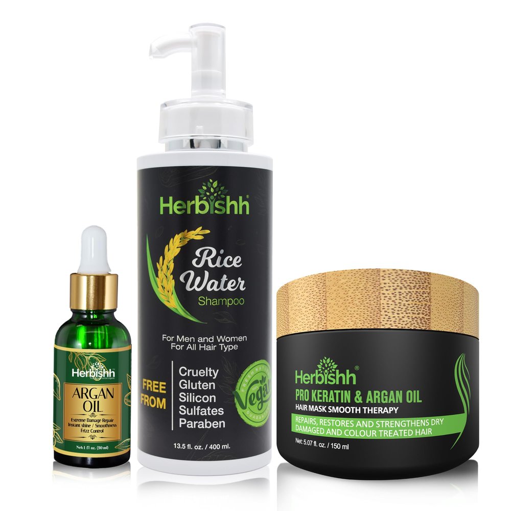 Herbishh Care Combo: Rice Water Hair Growth Shampoo + Argan Oil 30ml + Keratin & Argan Oil Hair Mask for all hair type