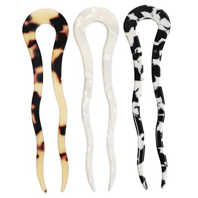 Ipetboom 3pcs Unique Design Hairpins Acetate Hair Stick u Shape for Women Hair Bun Forks Multiple Colors
