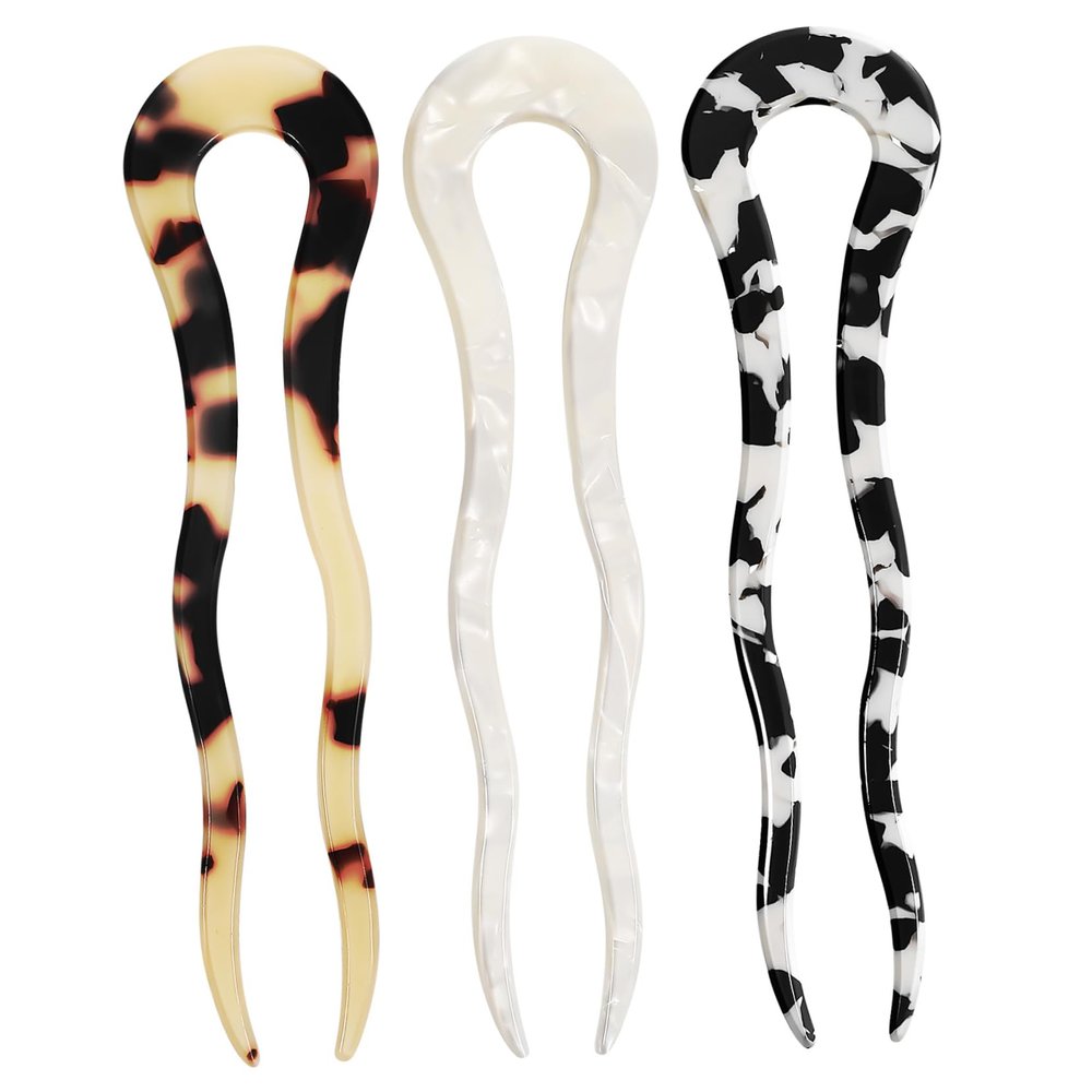 Ipetboom 3pcs Unique Design Hairpins Acetate Hair Stick u Shape for Women Hair Bun Forks Multiple Colors