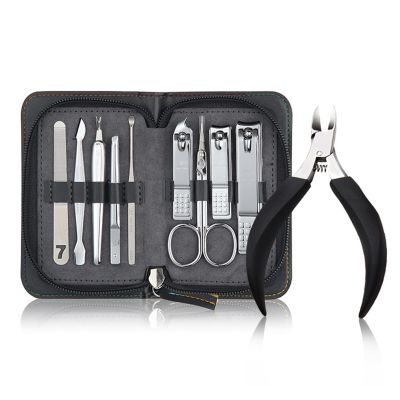 LOVULIFE Nail Clippers Set Nail Clipper Pedicure Kit 10 Piece Stainless Steel Manicure Set Nail Clipper Nail Care Tool with Portable Travel Case (Black/Brown) (Color : A)
