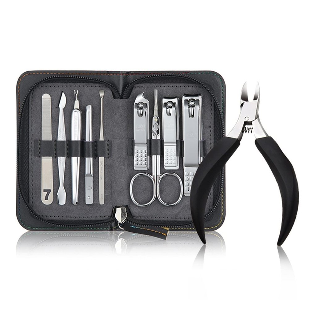 LOVULIFE Nail Clippers Set Nail Clipper Pedicure Kit 10 Piece Stainless Steel Manicure Set Nail Clipper Nail Care Tool with Portable Travel Case (Black/Brown) (Color : A)