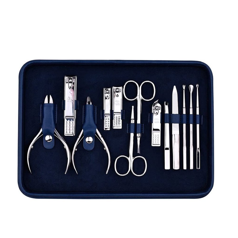 LOVULIFE Nail Clippers Set Adult Nail Clipper Set Decoration Foot Set Cuticle Care Tools with Blue Leather Case Face Care Personal Care Tools (13 Pieces)