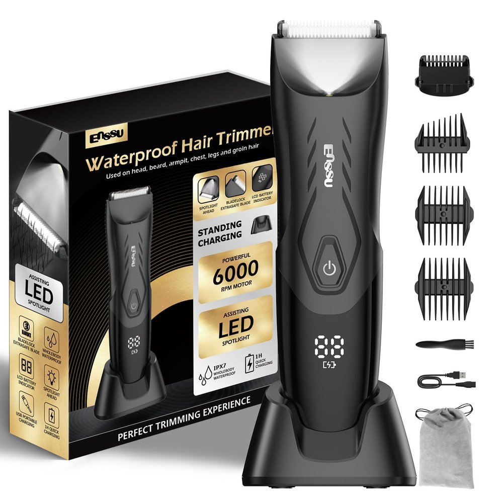 ENSSU Manscape Body Hair Trimmer for Men, Pubic Groin Hair Trimmer for Men with Safe Blade, Cordless Ball Shaver w/Light, Charging Dock, Waterproof Body Groomer, LED Display, 1H Charge,Black