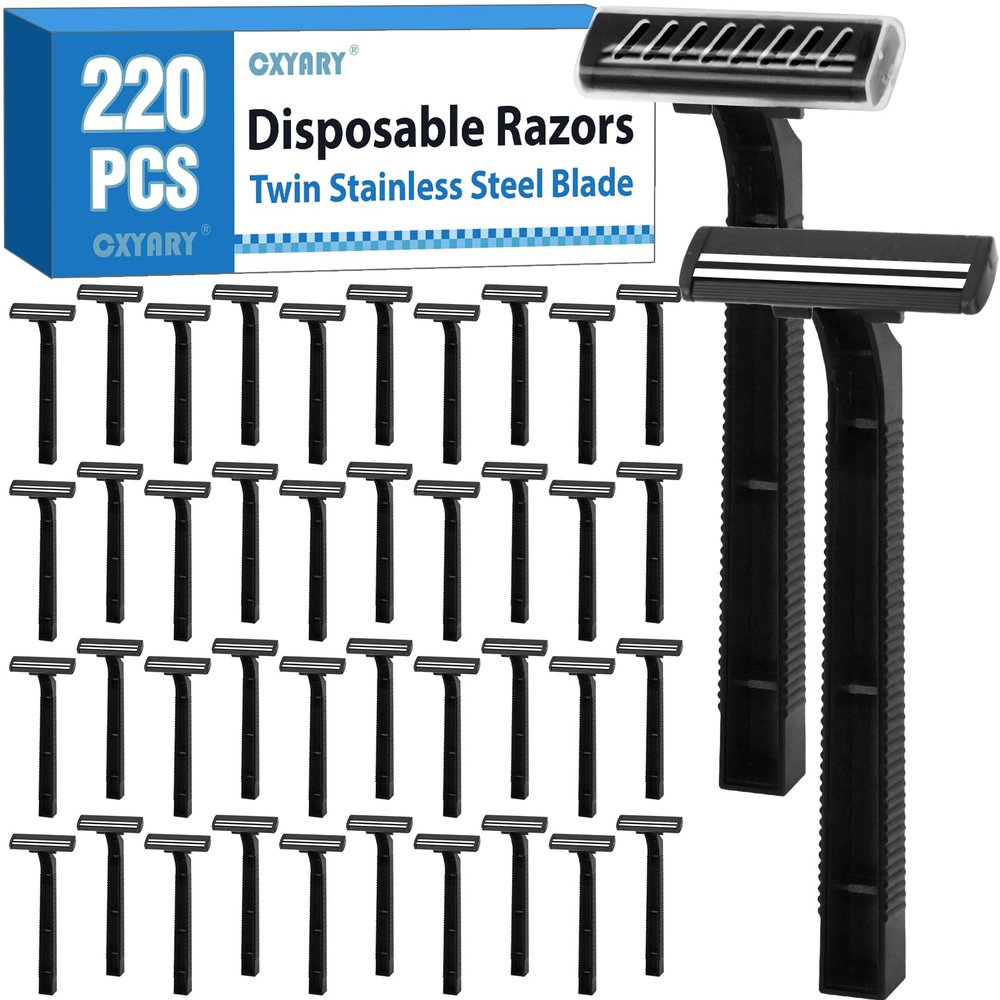 CXYARY 220 Pcs Twin Blade Disposable Razors With Clear Safety Cap, Shaving Razors Bulk for Men &Women, Stainless Steel Blade, Multipurpose Portable Shave Razor for Bathing Hotel Travel, Black
