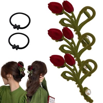 Flocking Tulip Hair Claw, Elegant Velvet Flower Shape Pearl Hair Pin French Style Vintage Shark Clip, Hair Barrettes Hair Styling Accessories Ponytail Hairpin for Women Girls (Color : 3PCS)