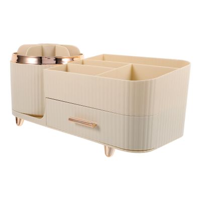 Baluue Rotating Makeup Brush Holder Multiple Compartments Stylish and Functional Makeup Organizer for Vanity Bathroom Countertop Design Creamy