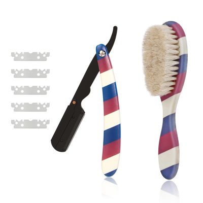 CestoMen Professional Barber Straight Edge Razor and Barber Fade Brush Set Include 5 Blades, Straight Razor for Men Close Shaving & Hair Cutting (Red/White/Blue)