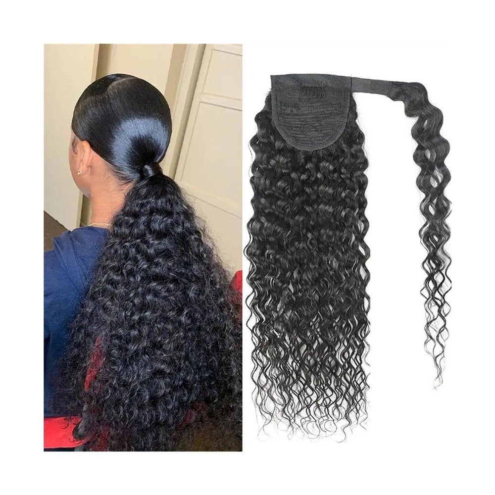 Ponytail Hair Extension Deep Wave Wrap Around Pony Tail Clip In Wave Curly Hair Extensions 8-24" Brazilian Human Hair Ponytails Hairpiece for Black Women Ponytail Hairpiece (Color : Wrap Around Ponyt