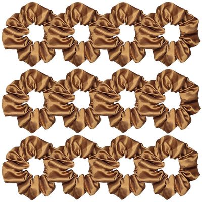 12 Pcs Satin Silk Scrunchies, Soft Hair Ties, Fashion Hair Bands, Bow Ropes, Elastic Bracelets, Ponytail Holders, Accessories for Women and Girls (4.5 Inch, Brown)
