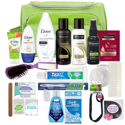 Convenience Kits International Womens Super Premium 31 pc Travel Kit Featuring: Ensemble of Travel-Size Hair Care Products Plus Face, Body, Oral Care, Travel Essentials (Green)